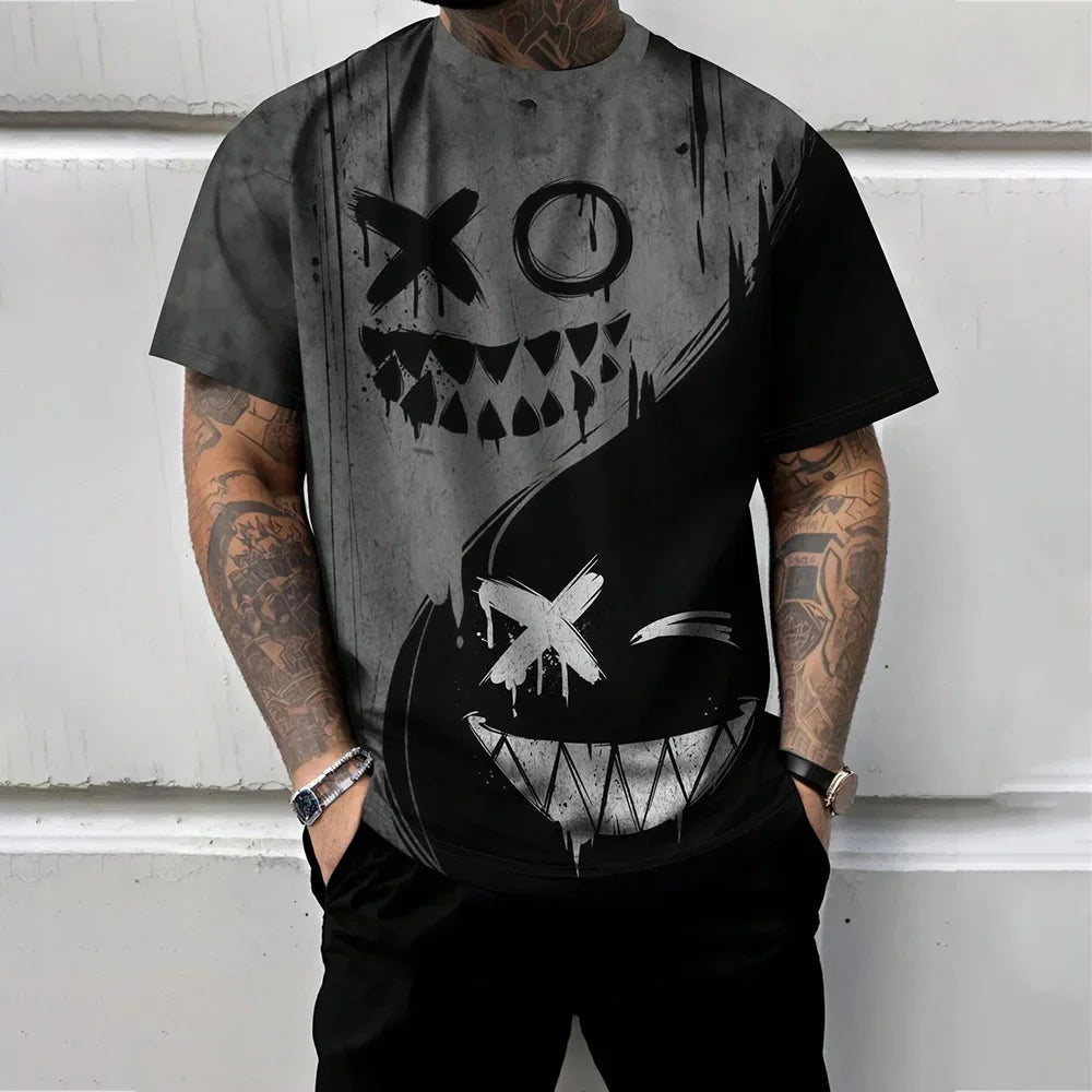 2025 Trendy Red And Black Spliced Printed Men's T-Shirt Funny Ghost Face Graphic T-Shirts Oversized Loose Short Sleeve Clothing