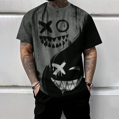 2025 Trendy Red And Black Spliced Printed Men's T-Shirt Funny Ghost Face Graphic T-Shirts Oversized Loose Short Sleeve Clothing
