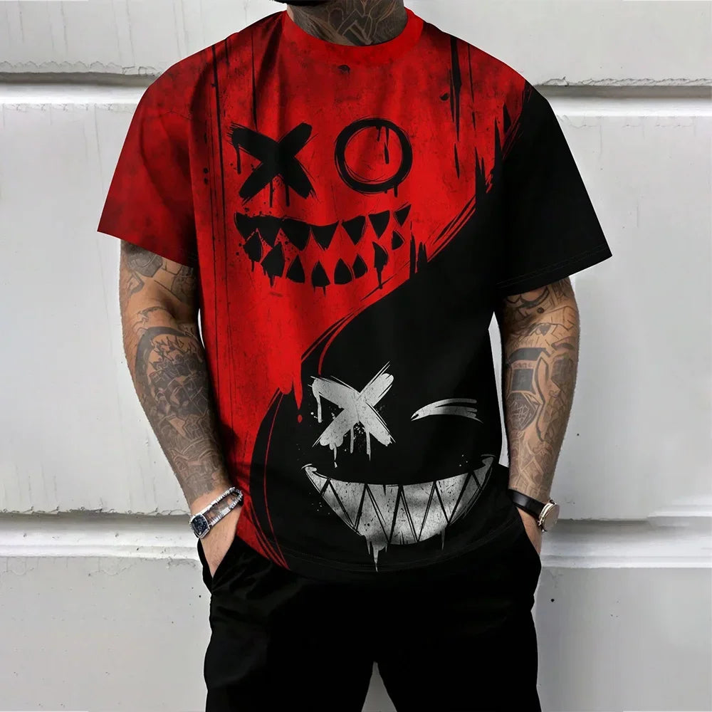 2025 Trendy Red And Black Spliced Printed Men's T-Shirt Funny Ghost Face Graphic T-Shirts Oversized Loose Short Sleeve Clothing
