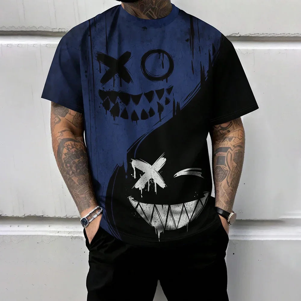 2025 Trendy Red And Black Spliced Printed Men's T-Shirt Funny Ghost Face Graphic T-Shirts Oversized Loose Short Sleeve Clothing