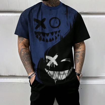 2025 Trendy Red And Black Spliced Printed Men's T-Shirt Funny Ghost Face Graphic T-Shirts Oversized Loose Short Sleeve Clothing