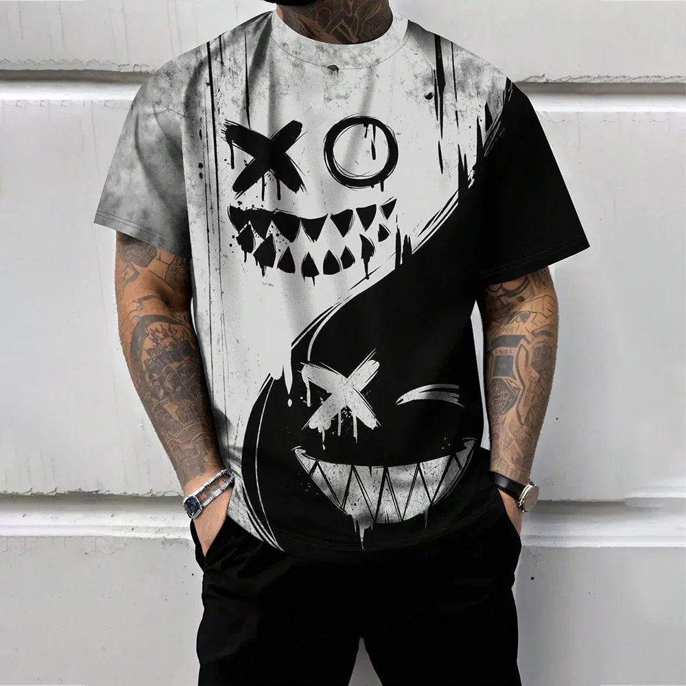 2025 Trendy Red And Black Spliced Printed Men's T-Shirt Funny Ghost Face Graphic T-Shirts Oversized Loose Short Sleeve Clothing