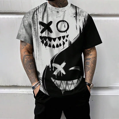 2025 Trendy Red And Black Spliced Printed Men's T-Shirt Funny Ghost Face Graphic T-Shirts Oversized Loose Short Sleeve Clothing