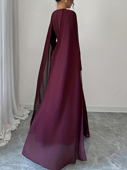 Women's Elegant Burgundy (Maroon) Traditional Wedding Guest Dress - Long Sleeve A-Line Mermaid Hem with Train & Cape-like Shawl Collar, Back Tie Closure, -Length Gown for Prom, Banquet, Cultural Events (Machine Washable)