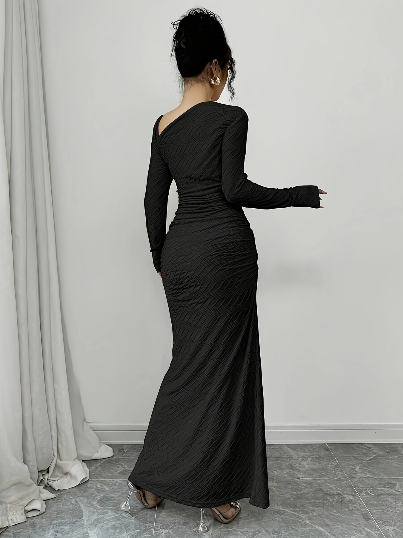 Women'S Elegant Office to Evening Long Dress - Formal & Professional Attire with Asymmetrical Neckline, Flattering Fit, Long Formal Events, HW915 - Elegant Women'S Clothing, Winter Fashion, Ruched Detailing, Highquality Mater