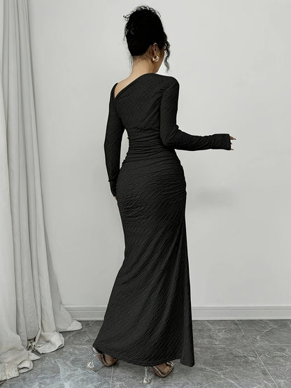 Women'S Elegant Office to Evening Long Dress - Formal & Professional Attire with Asymmetrical Neckline, Flattering Fit, Long Formal Events, HW915 - Elegant Women'S Clothing, Winter Fashion, Ruched Detailing, Highquality Mater