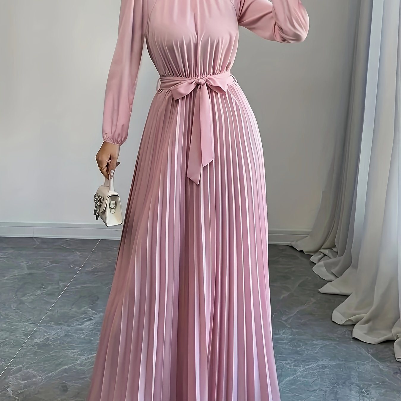 Elegant Long Sleeve Pleated Maxi Dress with Tie Waist - Soft Pink, Stand Collar, Flowing Design for Women, Perfect for Casual or Formal Occasions, Formal Attire|Sophisticated Style|Pleated Detailing, Dress