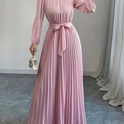 Elegant Long Sleeve Pleated Maxi Dress with Tie Waist - Soft Pink, Stand Collar, Flowing Design for Women, Perfect for Casual or Formal Occasions, Formal Attire|Sophisticated Style|Pleated Detailing, Dress