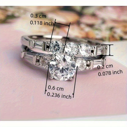 Women's Engagement Wedding Ring Two-Piece Set, 0.16 oz Silvery Inlaid with Cubic Synthetic Zirconia, Luxurious Round Gemstone, Suitable for Daily Wear and Weddings, April Birthstone, Synthetic Cubic Synthetic Zirconia, Festiv