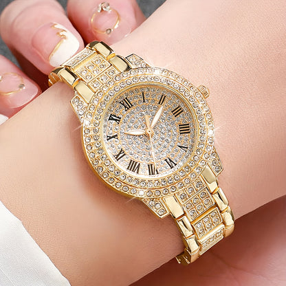 2pcs Fashion Rhinestone Watches And Bracelet Set, Elegant Ladies Golden And Silvery Quartz Wrist Watches Jewelry Set, Bracelet for Women, Hand Watch for Women, Women'S Wristwatch, Fashion Accessory, Elegant Design, Chic Wrist