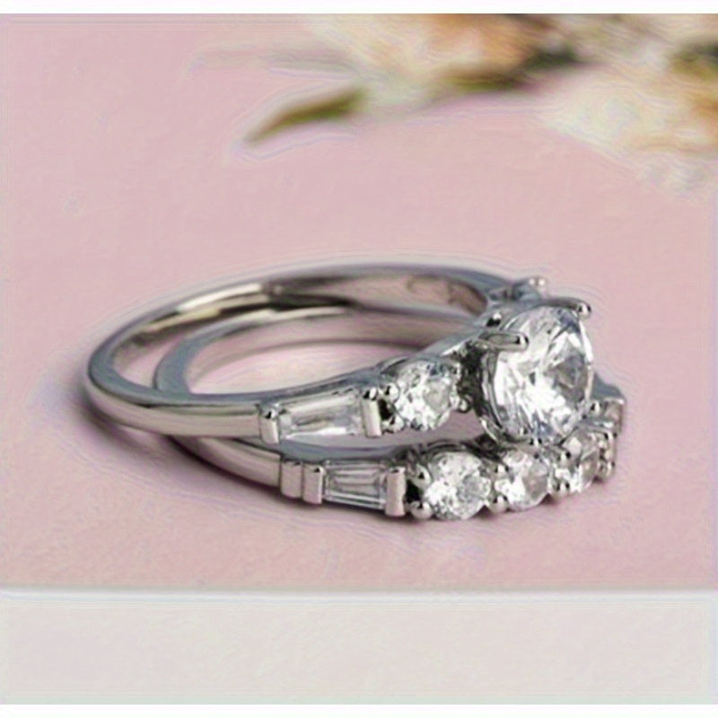 Women's Engagement Wedding Ring Two-Piece Set, 0.16 oz Silvery Inlaid with Cubic Synthetic Zirconia, Luxurious Round Gemstone, Suitable for Daily Wear and Weddings, April Birthstone, Synthetic Cubic Synthetic Zirconia, Festiv