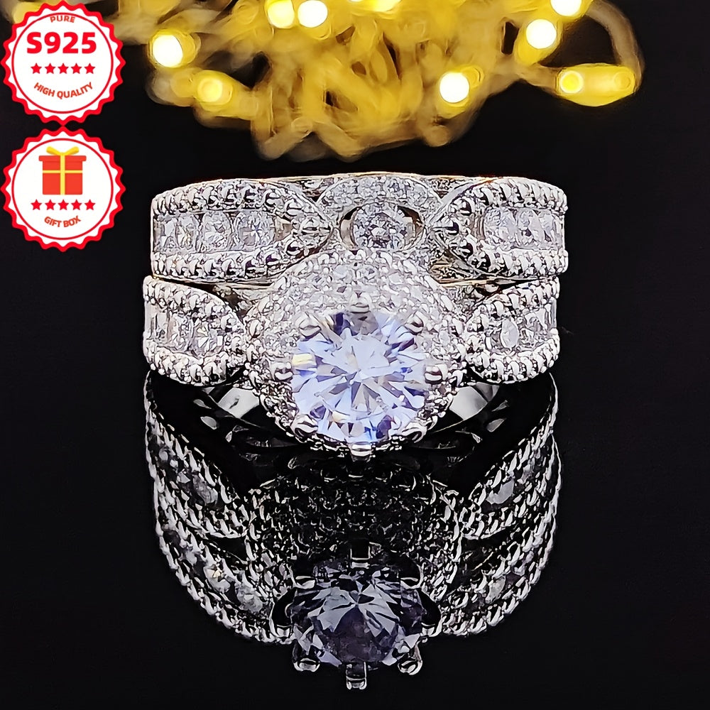 Ladies' S925 Silver 2pcs Fashion Ring Set with Lab-grown Lab-created Diamond, Elegant And Luxurious, Ideal for Gifting On Valentine's Day, Weddings, Engagements, Proposals, Anniversary Celebrations, Christmas, And Other Occas