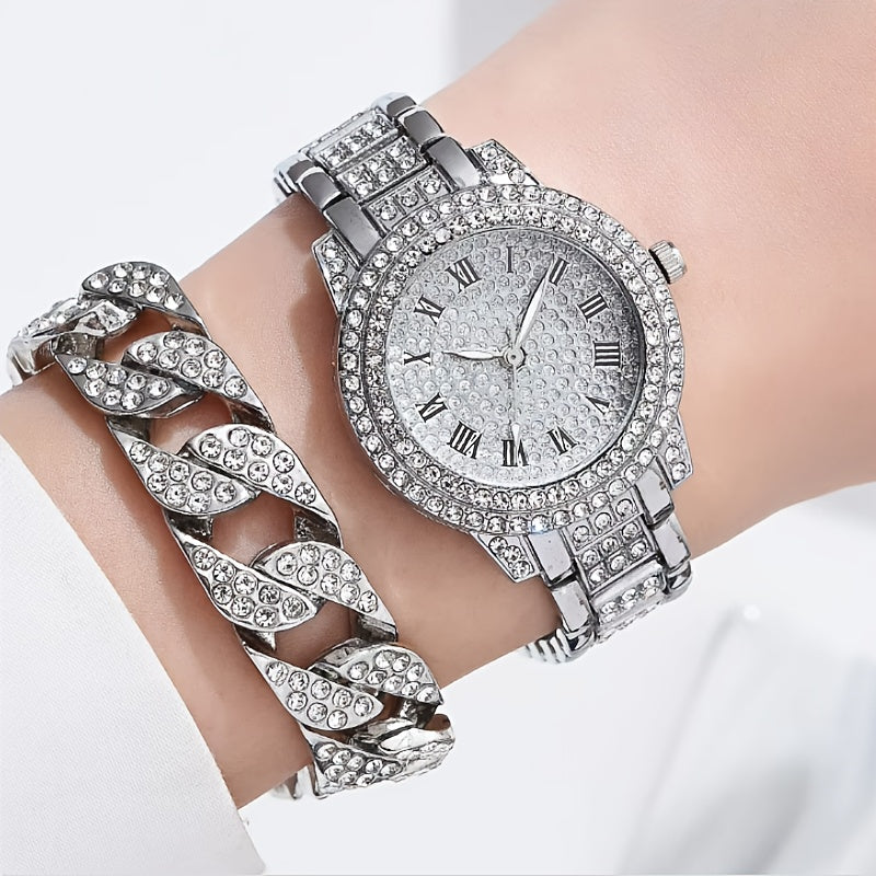 2pcs Fashion Rhinestone Watches And Bracelet Set, Elegant Ladies Golden And Silvery Quartz Wrist Watches Jewelry Set, Bracelet for Women, Hand Watch for Women, Women'S Wristwatch, Fashion Accessory, Elegant Design, Chic Wrist