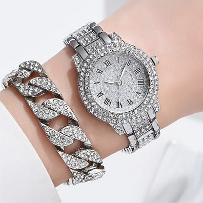2pcs Fashion Rhinestone Watches And Bracelet Set, Elegant Ladies Golden And Silvery Quartz Wrist Watches Jewelry Set, Bracelet for Women, Hand Watch for Women, Women'S Wristwatch, Fashion Accessory, Elegant Design, Chic Wrist