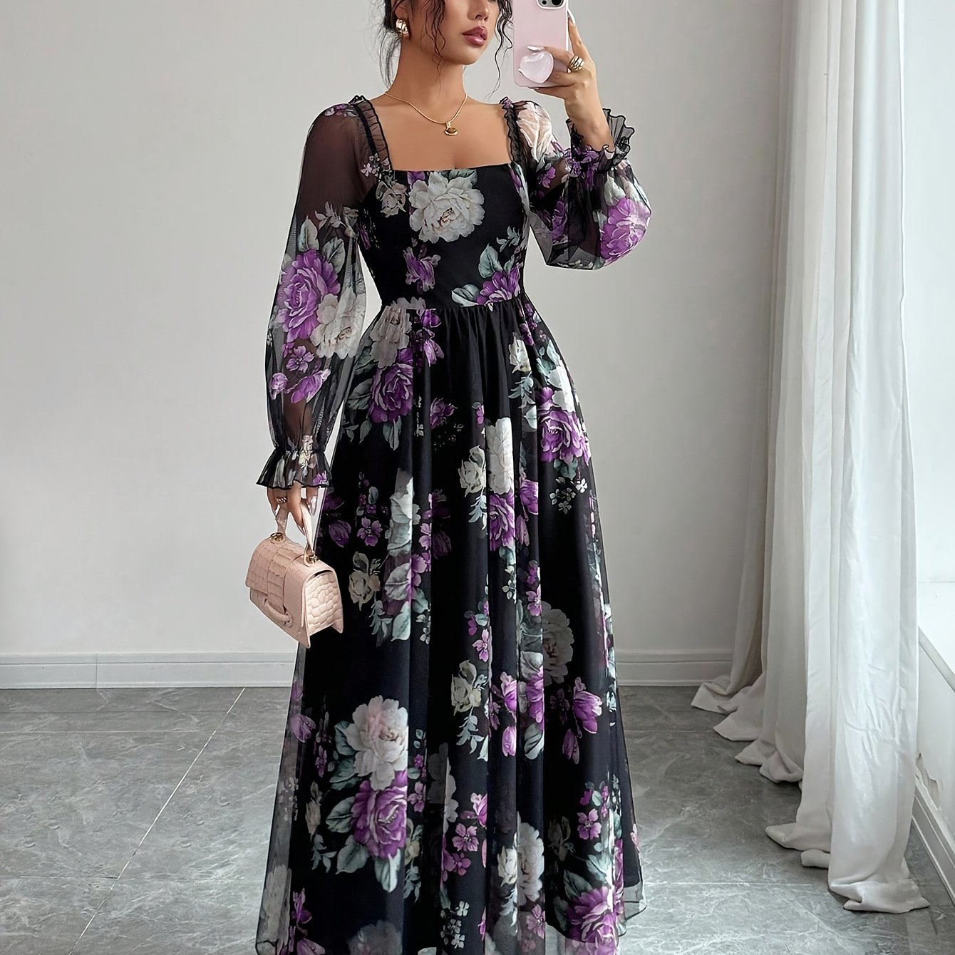 Women's Elegant Floral Print Square Neck Puff Sleeve A-Line Maxi Dress with Smocked Waist - Purple & Black Floral Pattern, Machine Washable Fall Winter Formal Party Wedding Guest Dress