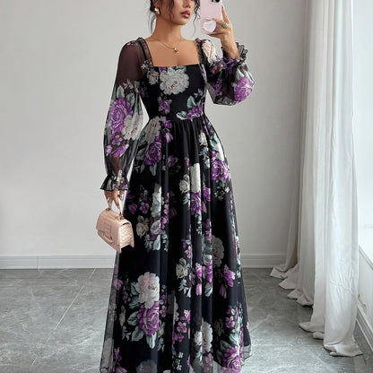 Women's Elegant Floral Print Square Neck Puff Sleeve A-Line Maxi Dress with Smocked Waist - Purple & Black Floral Pattern, Machine Washable Fall Winter Formal Party Wedding Guest Dress