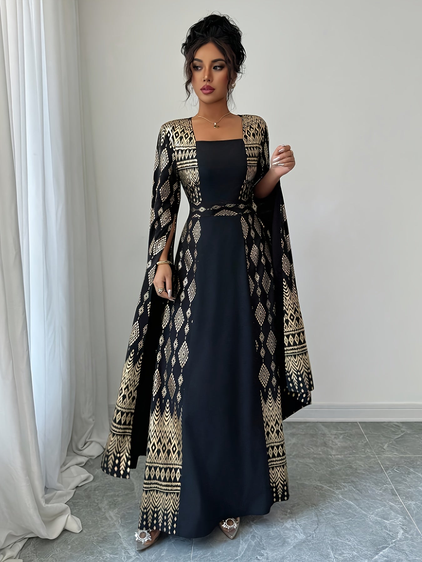 Women'S Elegant Long Sleeve Black & Golden Geometric Print Kimono Dress - Square Neck Floor-Length Formal Party Wedding Dress with Contrast Color Accents, All-Season Versatile Evening Gown