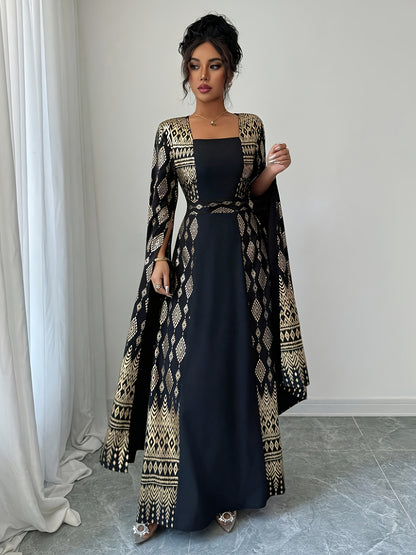 Women'S Elegant Long Sleeve Black & Golden Geometric Print Kimono Dress - Square Neck Floor-Length Formal Party Wedding Dress with Contrast Color Accents, All-Season Versatile Evening Gown