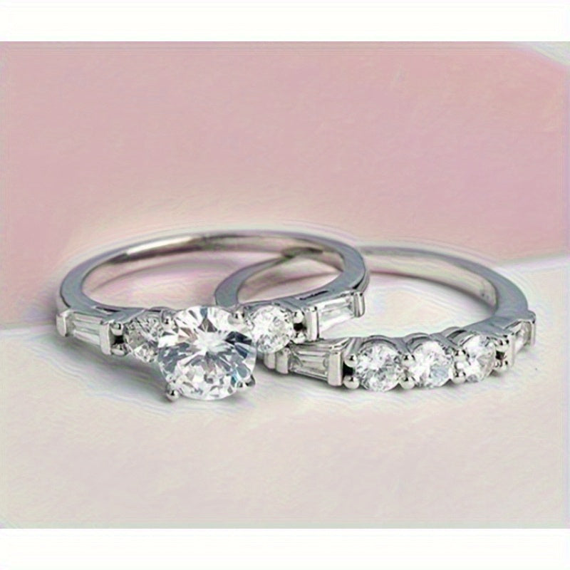 Women's Engagement Wedding Ring Two-Piece Set, 0.16 oz Silvery Inlaid with Cubic Synthetic Zirconia, Luxurious Round Gemstone, Suitable for Daily Wear and Weddings, April Birthstone, Synthetic Cubic Synthetic Zirconia, Festiv