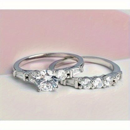 Women's Engagement Wedding Ring Two-Piece Set, 0.16 oz Silvery Inlaid with Cubic Synthetic Zirconia, Luxurious Round Gemstone, Suitable for Daily Wear and Weddings, April Birthstone, Synthetic Cubic Synthetic Zirconia, Festiv