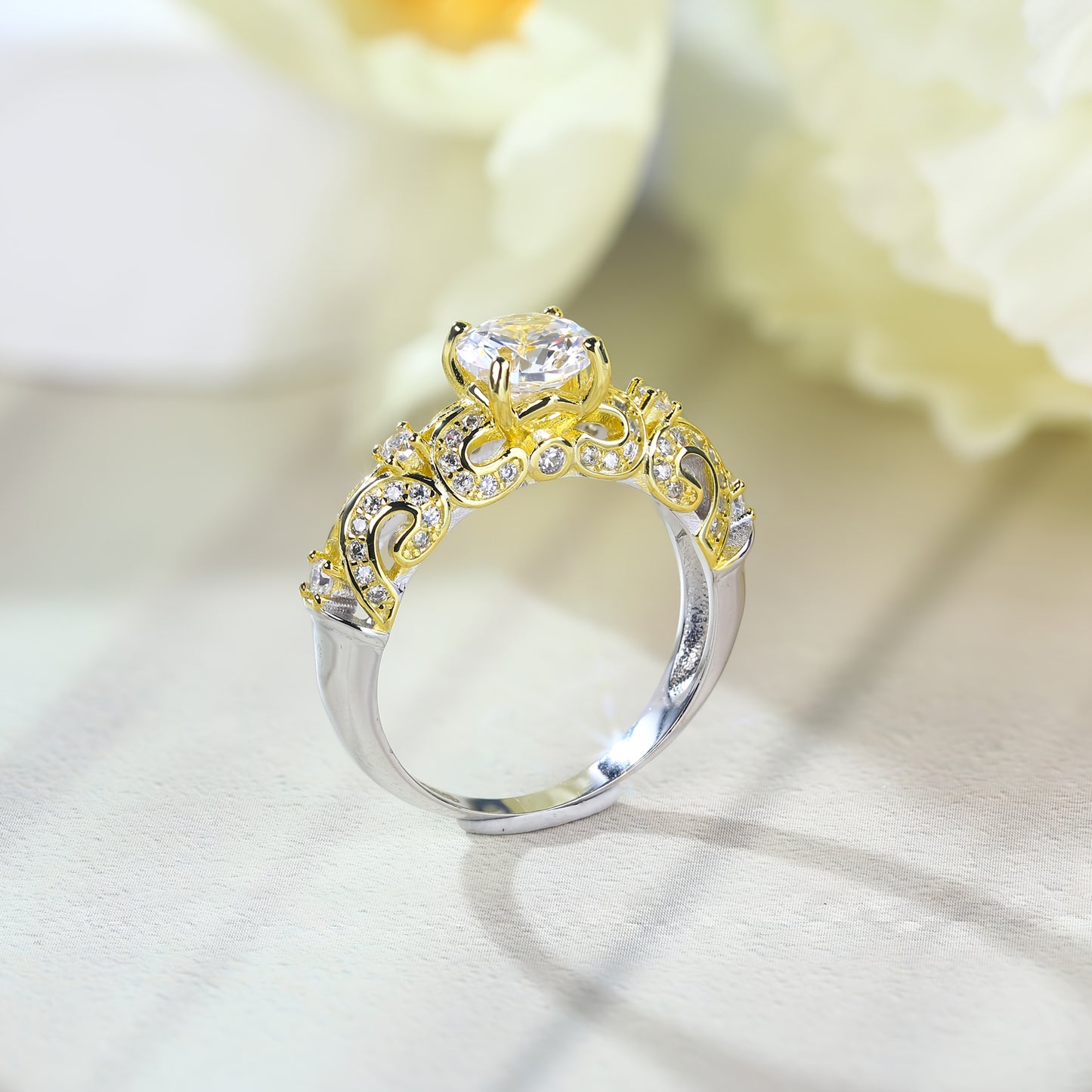 An S925 925 Silvery Ring with Dual-Tone Alloy, Featuring Lab-Created Lab-grown Lab-created Diamond Sparkle and Exquisite Floral Pattern Accented by Small Lab-created Diamond – A Unique Design That Illuminates Every Move. Wh