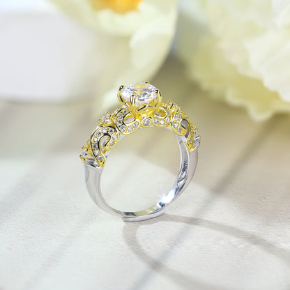 An S925 925 Silvery Ring with Dual-Tone Alloy, Featuring Lab-Created Lab-grown Lab-created Diamond Sparkle and Exquisite Floral Pattern Accented by Small Lab-created Diamond – A Unique Design That Illuminates Every Move. Wh