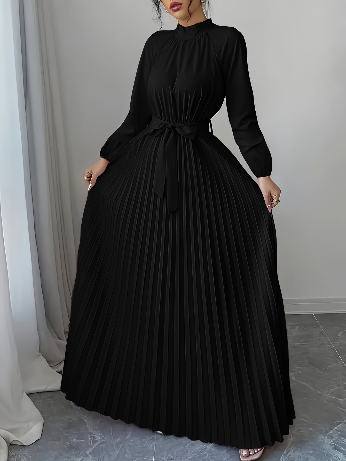 Elegant Long Sleeve Pleated Maxi Dress with Tie Waist - Soft Pink, Stand Collar, Flowing Design for Women, Perfect for Casual or Formal Occasions, Formal Attire|Sophisticated Style|Pleated Detailing, Dress