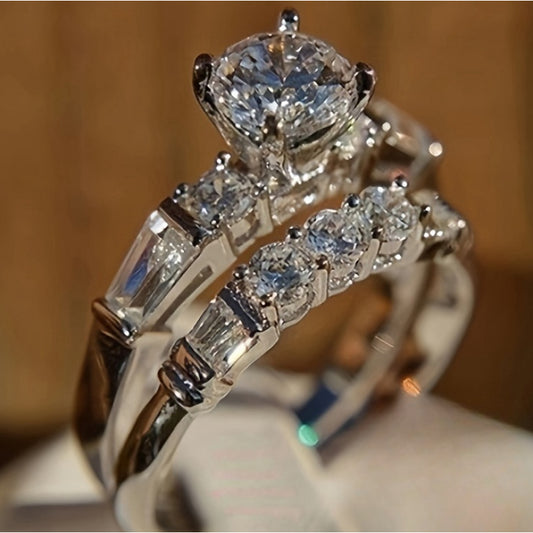 Women's Engagement Wedding Ring Two-Piece Set, 0.16 oz Silvery Inlaid with Cubic Synthetic Zirconia, Luxurious Round Gemstone, Suitable for Daily Wear and Weddings, April Birthstone, Synthetic Cubic Synthetic Zirconia, Festiv