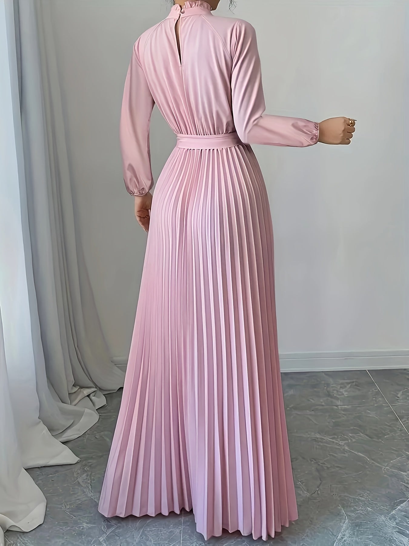 Elegant Long Sleeve Pleated Maxi Dress with Tie Waist - Soft Pink, Stand Collar, Flowing Design for Women, Perfect for Casual or Formal Occasions, Formal Attire|Sophisticated Style|Pleated Detailing, Dress