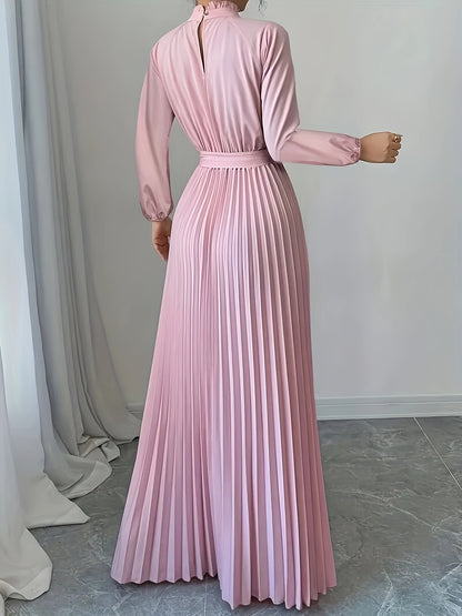 Elegant Long Sleeve Pleated Maxi Dress with Tie Waist - Soft Pink, Stand Collar, Flowing Design for Women, Perfect for Casual or Formal Occasions, Formal Attire|Sophisticated Style|Pleated Detailing, Dress