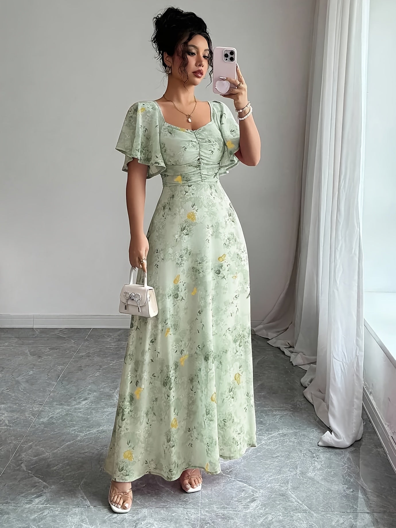 Ladies' Chiffon Butterfly Pattern Batwing Sleeve Drawstring Sweet French Mini Dress Summer Women Elegant Autumn Winter Seasonal Fashion Fall Clothing Halloween Costume Christmas Outfit